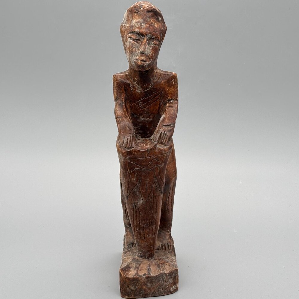 Vintage Hand Carved Wooden Drummer Figurine Primitive Tribal Style Wood Sculptur